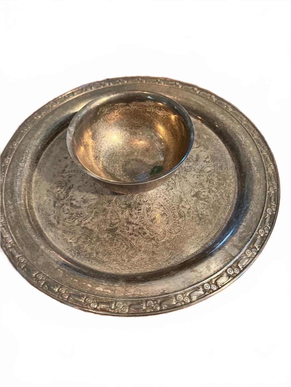 Vintage Silver Plated Serving Plate with Bowl - Decorative Floral Border